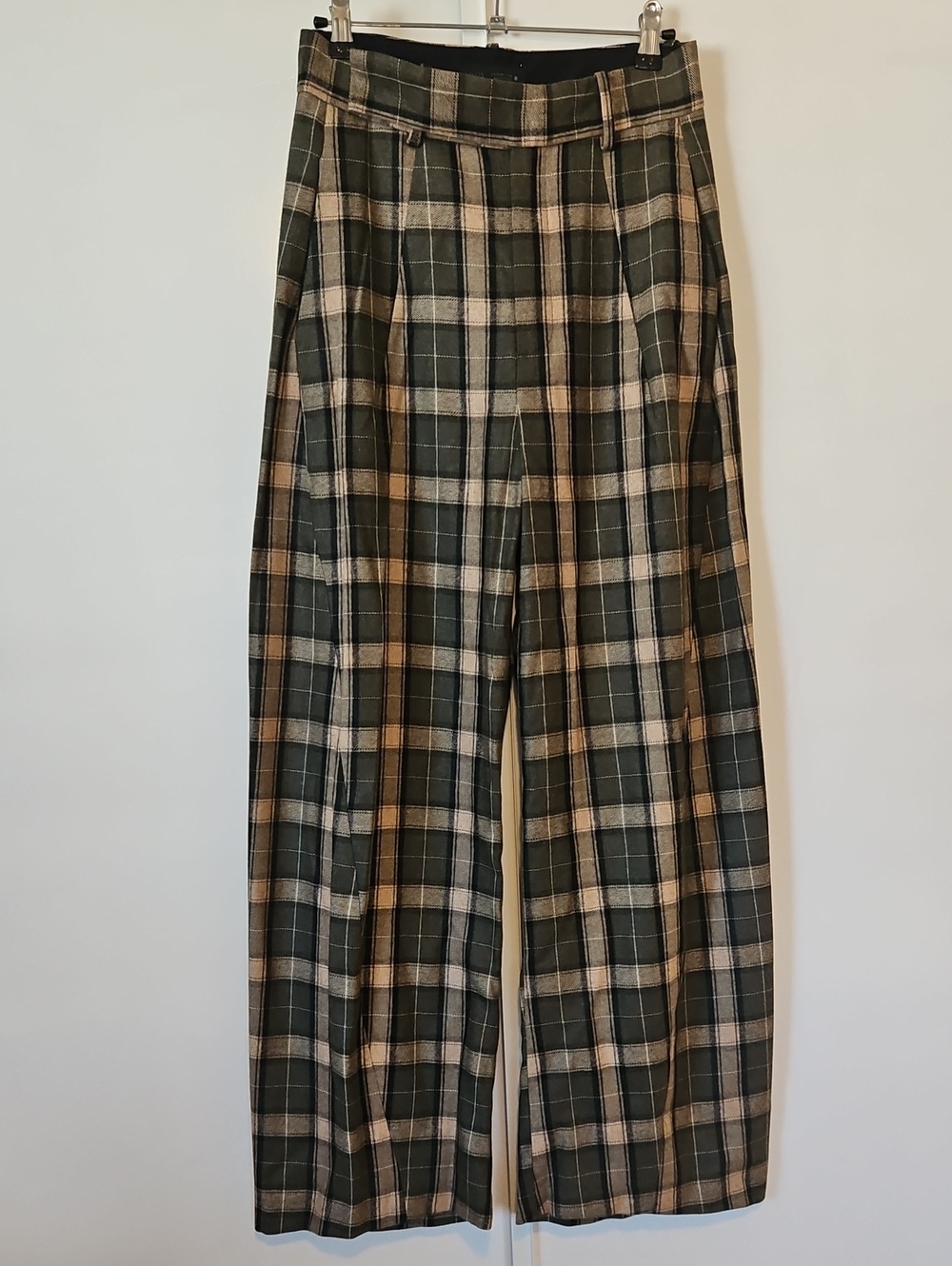 Zara Wide Leg Plaid Pants in Green and Tan